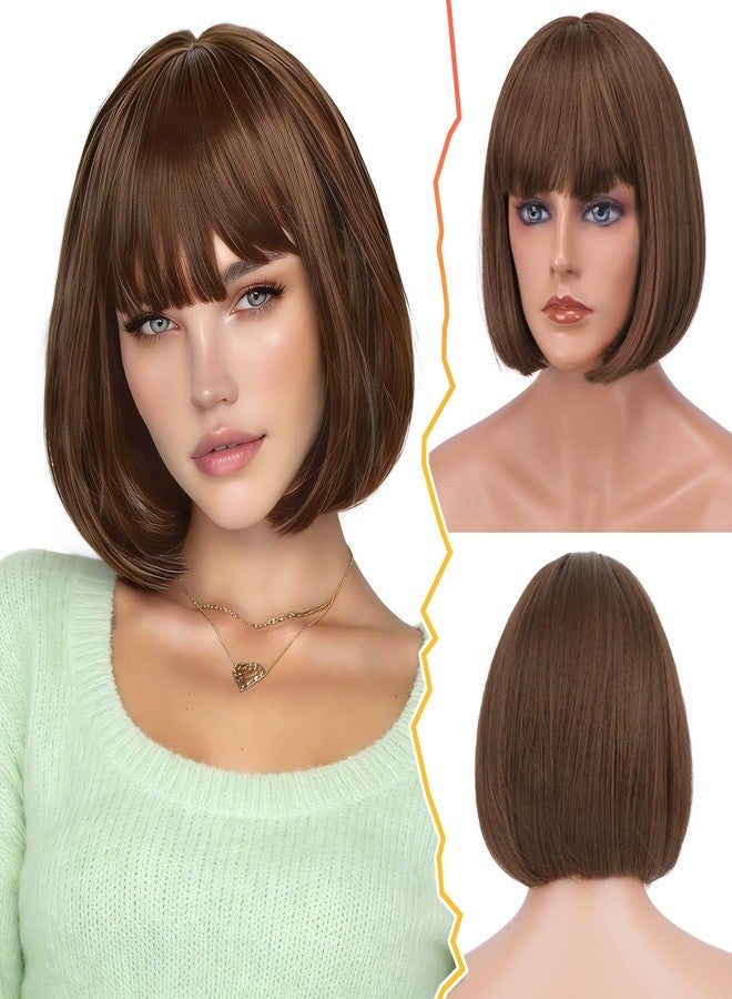 BARSDAR Short Brown Bob Wig With Bangs - Short Brown Bob with Bangs Wig for Women - 12 Inch Natural Looking Soft Synthetic Hair Replacement Wigs Velma Dora Wigs Daily Party Halloween - Image 1